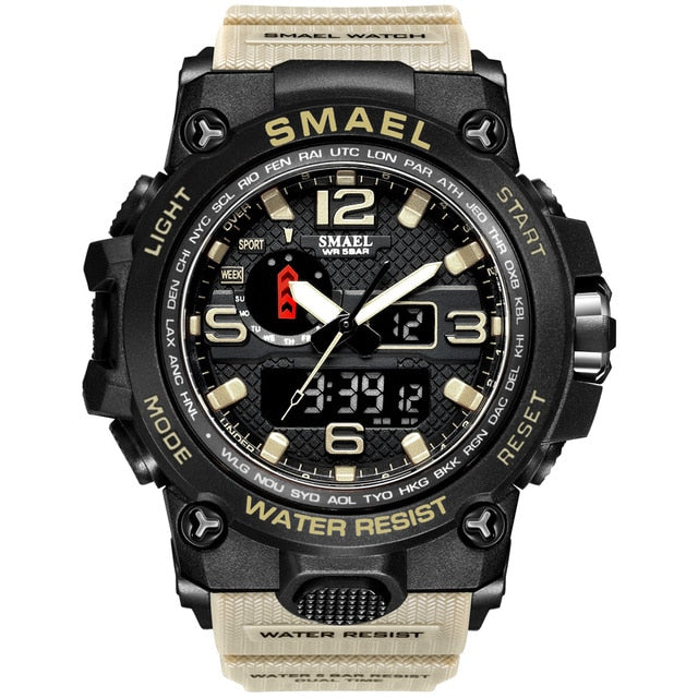 SMAEL Watches For Men 50M Waterproof Clock Alarm reloj hombre 1545D Dual Display Wristwatch Quartz Military Watch Sport New Mens