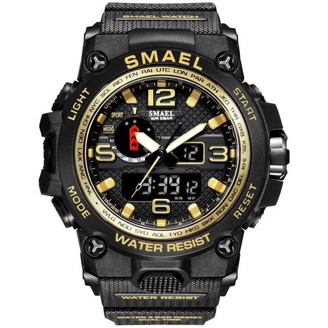 SMAEL Watches For Men 50M Waterproof Clock Alarm reloj hombre 1545D Dual Display Wristwatch Quartz Military Watch Sport New Mens