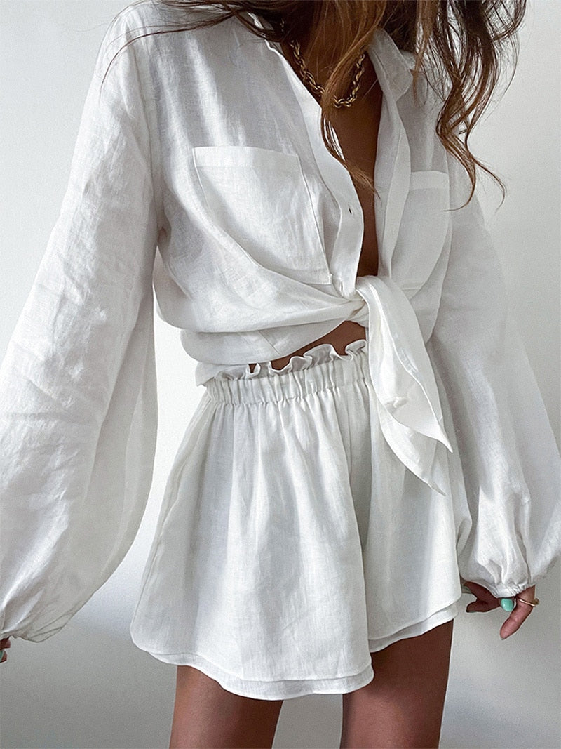 Solid White Loose Fit Outfits Blouse Suit 2 Two Piece Set For Women