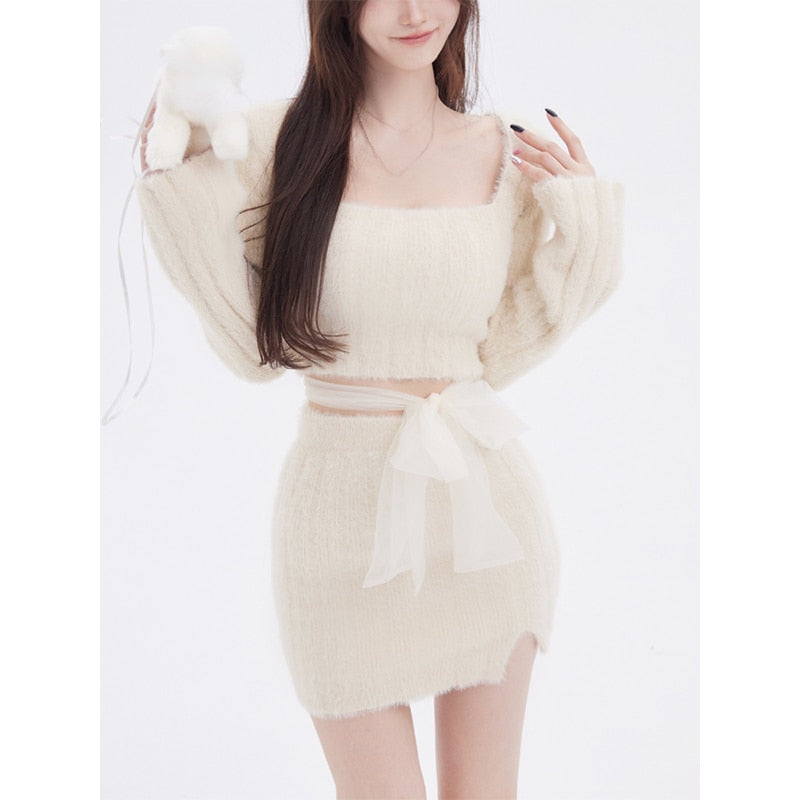 2022 Autumn Sweater Knitted Suits Female Elegant 2 Piece Dress Korean Fashion Even Party Y2k Mini Dress Office Lady Short Skirts