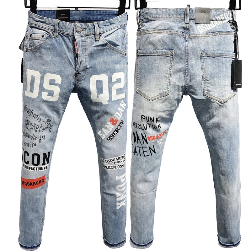 Men Blue Skinny Jeans Luxury Brand Dsquared2  Stretch Fit Jeans Male Denim Trousers Blue Jeans Straight Fit Jeans Size 28-38