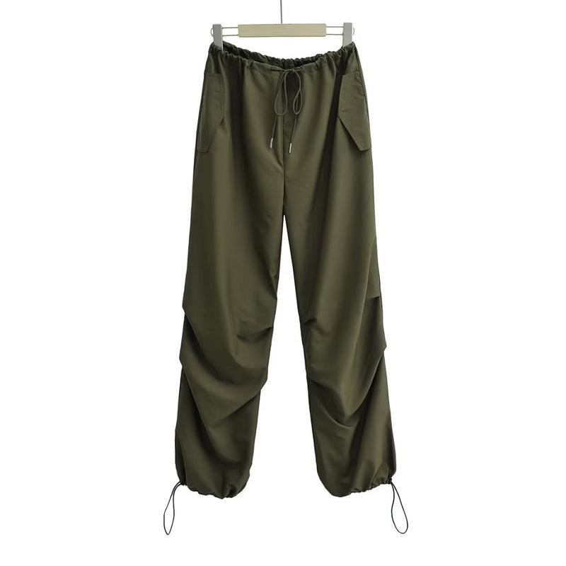 TELLHONEY Women Fashion Drawstring Pleat Baggy Cargo Pants Female High Street Chic Low Waist Wide Leg Jogging Parachute Trousers