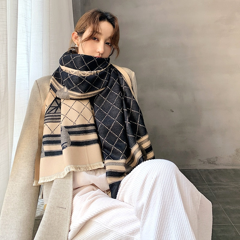 Luxury Winter Cashmere Scarf Women 2022 Design Warm Pashmina Blanket Horse Scarves Female Shawl Wraps Thick Foulard Bufanda