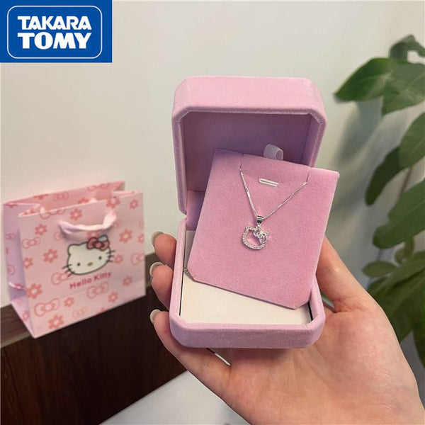 TAKARA TOMY Hello Kitty Sterling Silver Girl Sweet Girlfriend Collarbone Necklace Woman Elegant Diamond Pendant Ring Jewelry