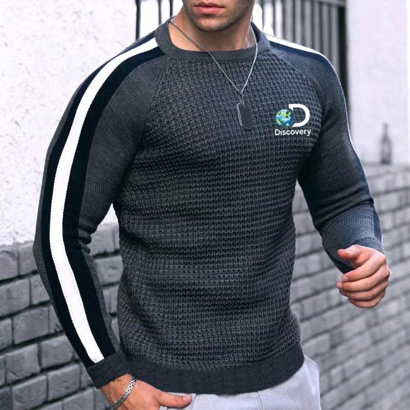 Men's Autumn Winter New Waffle Print Pullover Bottoming Shirt Male Color-blocking High-quality Casual Knitted Sweater