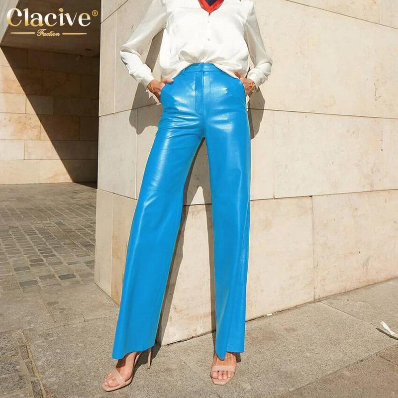 Clacive Fashion Blue Pu Leather Women'S Pants Elegant Slim High Waist Straight Trousers Streetwear Pantalones Female Clothing