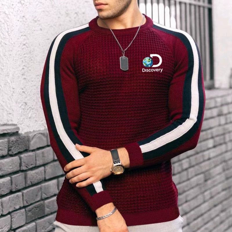 Men's Autumn Winter New Waffle Print Pullover Bottoming Shirt Male Color-blocking High-quality Casual Knitted Sweater