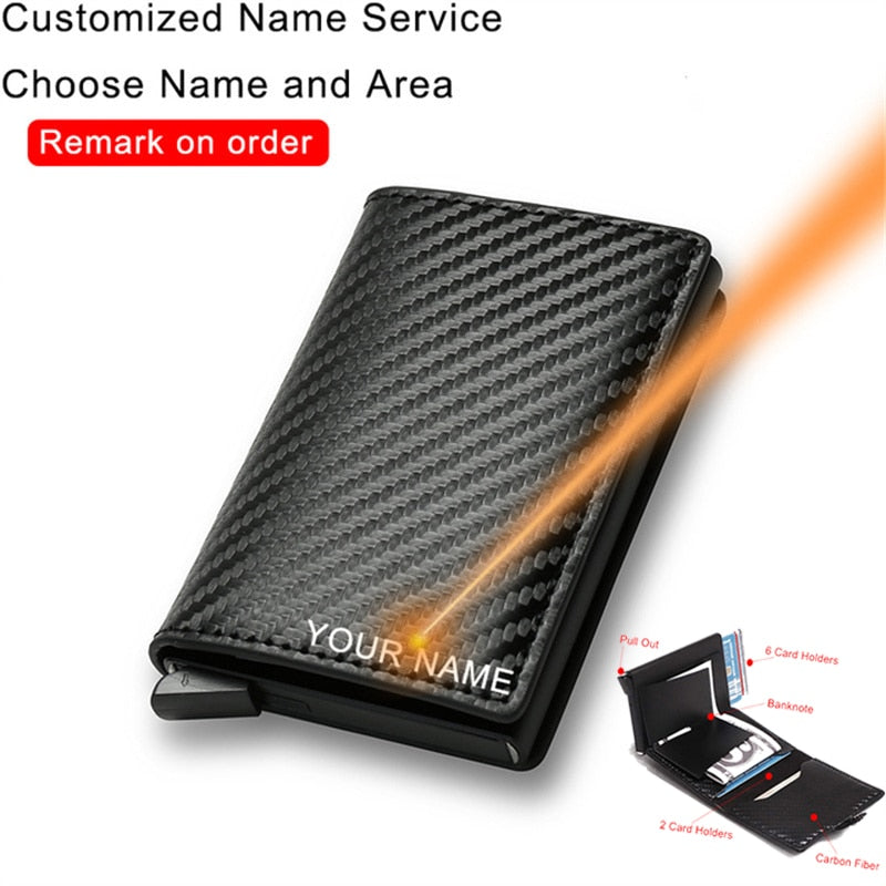 Customized Name Credit Card Holder Men Woman Smart Wallet RFID Cardholder Carbon Fiber Leather Wallet Money Clip Purse Card Case