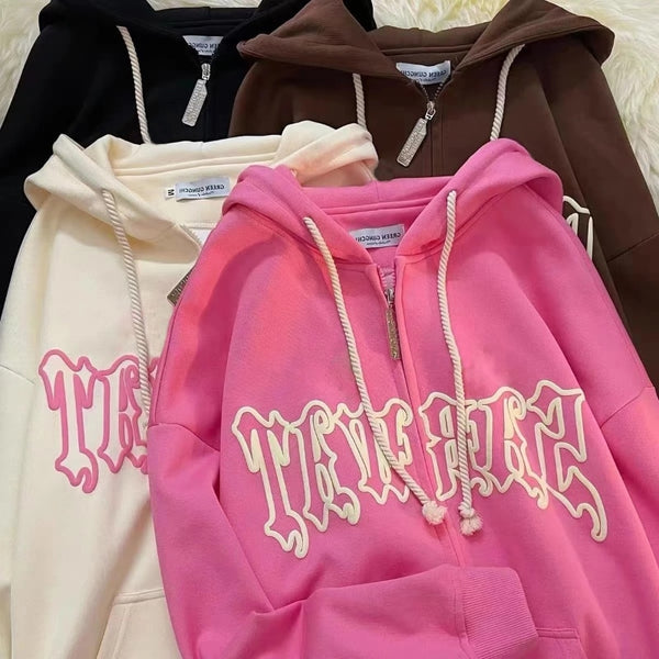 Women Embroidery Hoodies Goth Retro High Street Zip Up Loose Jacket Coats Casual Harajuku Hip Hop Hooded Sweatshirts Y2k Clothes