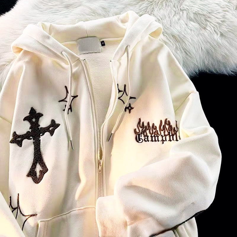 Women Embroidery Hoodies Goth Retro High Street Zip Up Loose Jacket Coats Casual Harajuku Hip Hop Hooded Sweatshirts Y2k Clothes