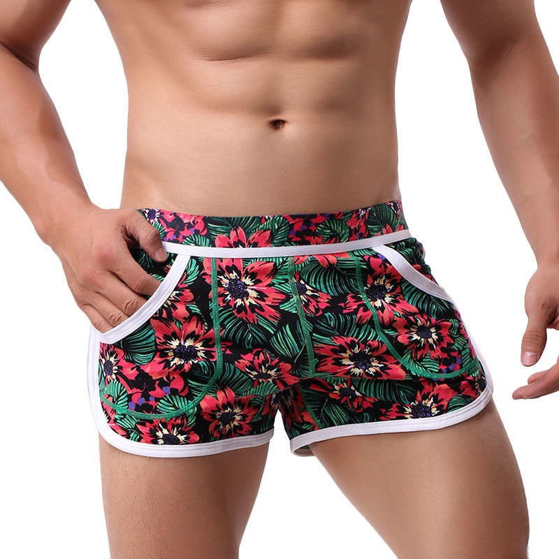 New Mens Shorts Cotton Men Homewear Flower Print Cuecas Underpants for Gay Plus Size Breathable Sexy Shorts Mens Fashion Shorts