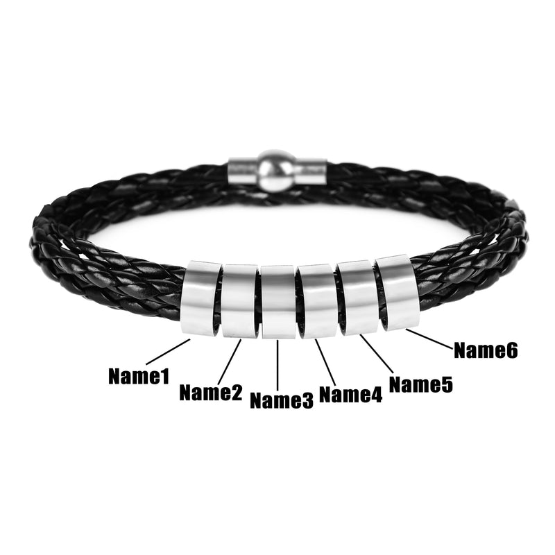 Personalized Mens Braided Genuine Leather Bracelet Stainless Steel Custom Beads Name Charm Bracelet for Men with Family Names