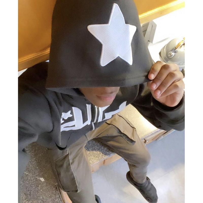 Men Star Letter Printed Hoodies Harajuku High Street Hooded Sweatshirts Y2K Streetwear Hip Hop Gothic Zip Up Loose Jacket Coats