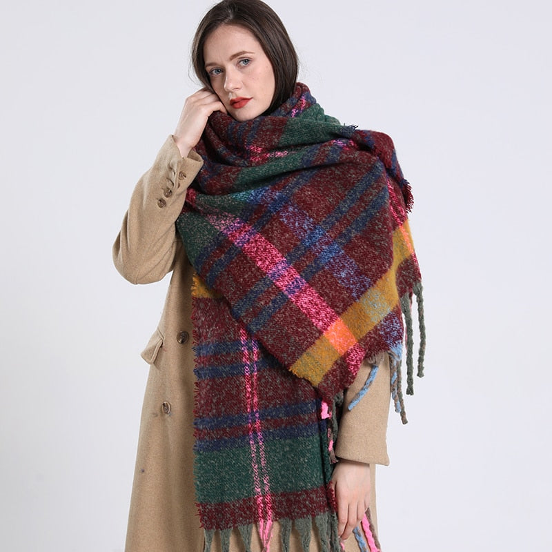 Women Plaid Scarf Winter Warm Shawl and Wrap Bandana Pashmina Long Tassel