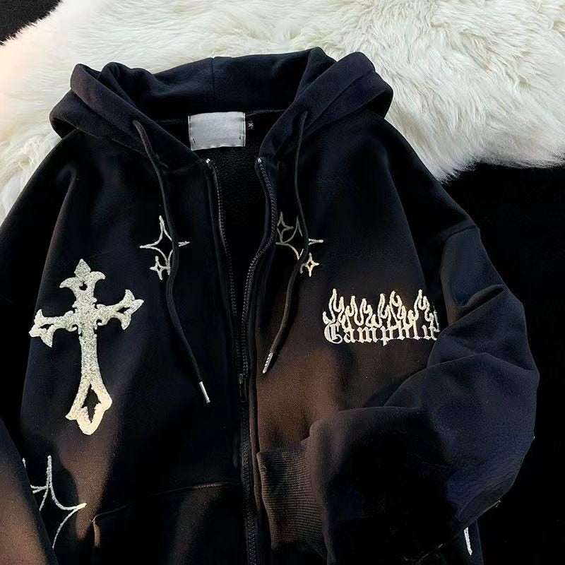 Women Embroidery Hoodies Goth Retro High Street Zip Up Loose Jacket Coats Casual Harajuku Hip Hop Hooded Sweatshirts Y2k Clothes