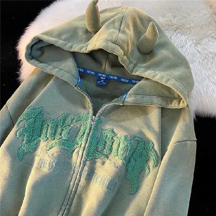 Harajuku Angel Ears Hoodies Women Retro Oversize Zipper Letter Embroidery Sweatshirts Autumn Y2K Long Sleeve Hooded Jackets Tops