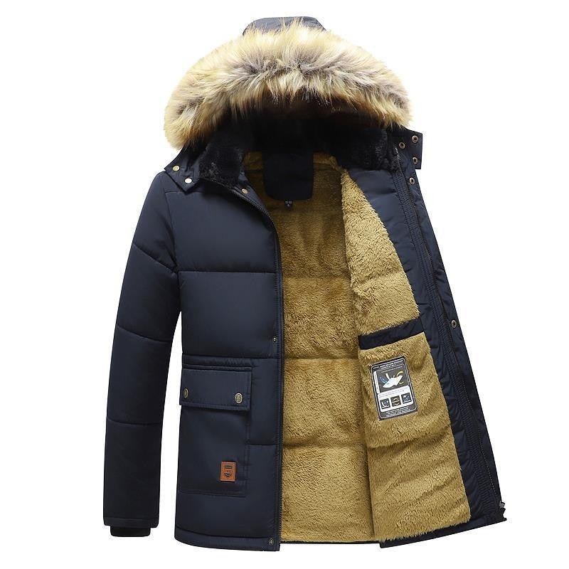 Men Winter Parka Fleece Lined Thick Warm Hooded Fur Collar Coat