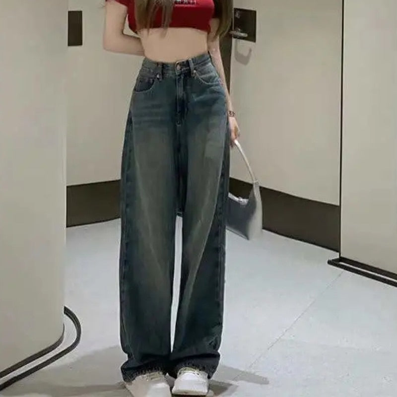 Rimocy Vintage Wide Leg Cargo Jeans Women 2022 Autumn High Waist Bagge Pants Woman Y2k Streetwear Loose Denim Trousers Female