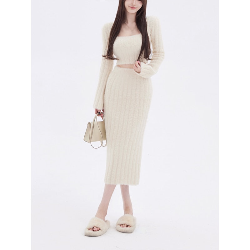 2022 Autumn Sweater Knitted Suits Female Elegant 2 Piece Dress Korean Fashion Even Party Y2k Mini Dress Office Lady Short Skirts