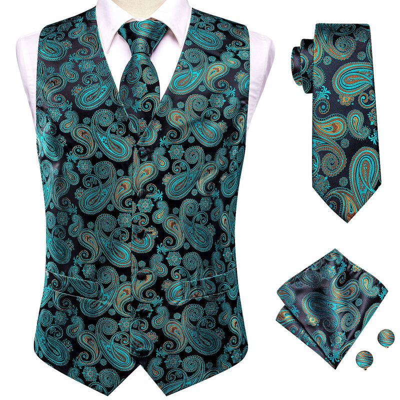 Hi-Tie 20 Color Silk Men's Vests and Tie Business Formal Dresses Slim Vest 4PC Hanky cufflinks for Suit Blue Paisley Waistcoat