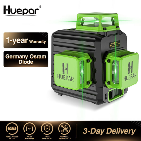 Huepar 3D Cross Line Self-leveling Laser Level 12 lines Green Beam Li-ion Battery with Type-C Charging Port & Hard Carry Case