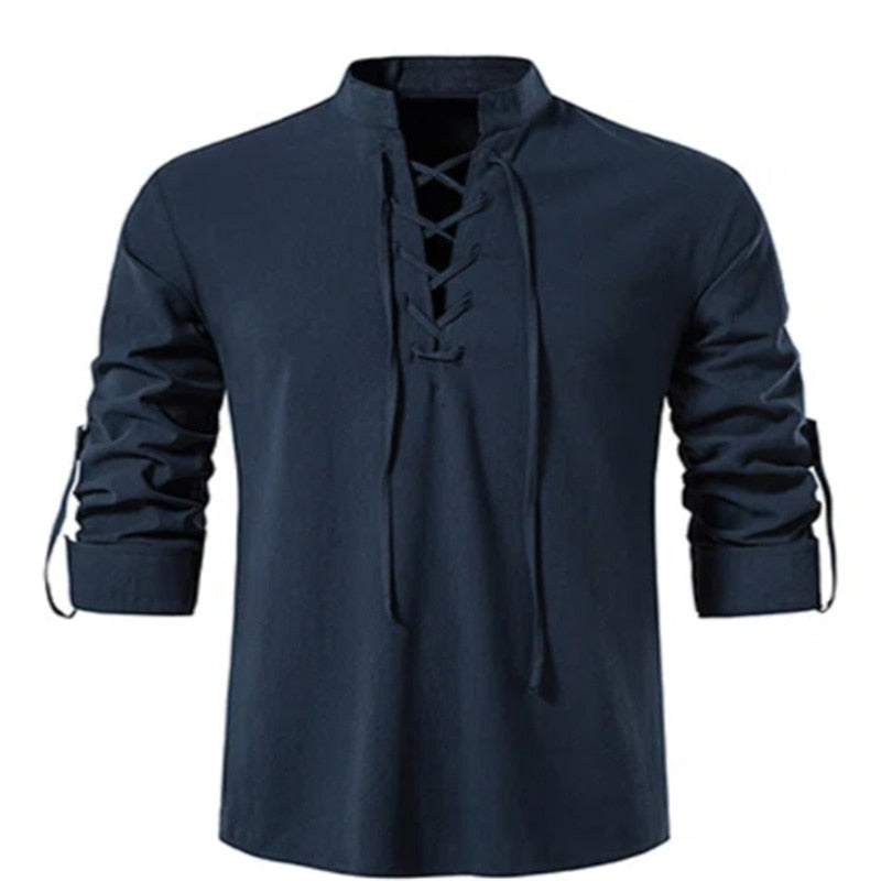 2023 New Men's V-neck shirt T-shirt Fashion Vintage Thin Long Sleeve Top men Casual Breathable Viking Front Lace Up man Shirts