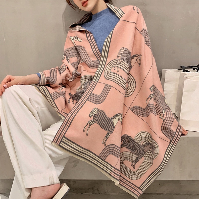 Luxury Winter Cashmere Scarf Women 2022 Design Warm Pashmina Blanket Horse Scarves Female Shawl Wraps Thick Foulard Bufanda