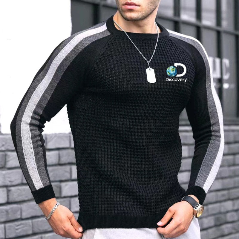 Men's Autumn Winter New Waffle Print Pullover Bottoming Shirt Male Color-blocking High-quality Casual Knitted Sweater