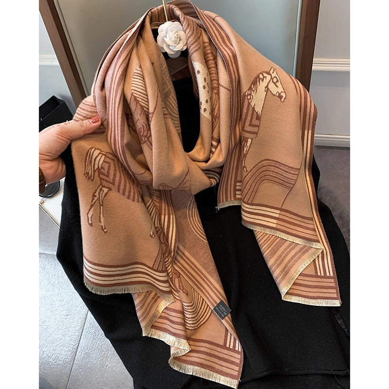 Luxury Winter Cashmere Scarf Women 2022 Design Warm Pashmina Blanket Horse Scarves Female Shawl Wraps Thick Foulard Bufanda