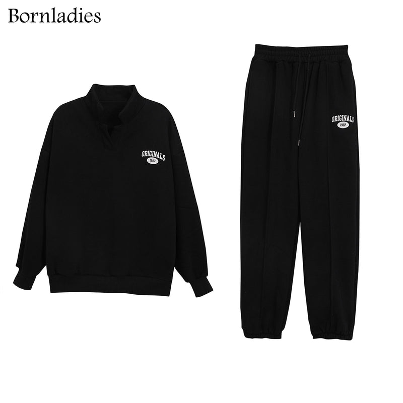 Bornladies 2022 Women Cotton Sweatshirt Suit Oversized Sets Female Stand Collar Loose Sweatshirt + Long Pants Suits Short Sets