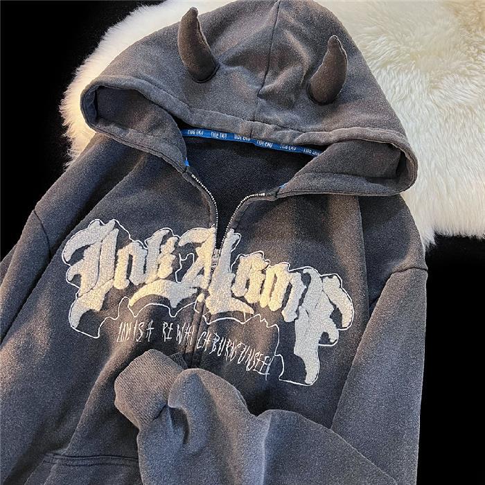 Harajuku Zip Up Hoodies Women Letter Embroidery Hooded Sweatshirt Retro Oversized Long Sleeve Street Couple Y2K Jacket Tops