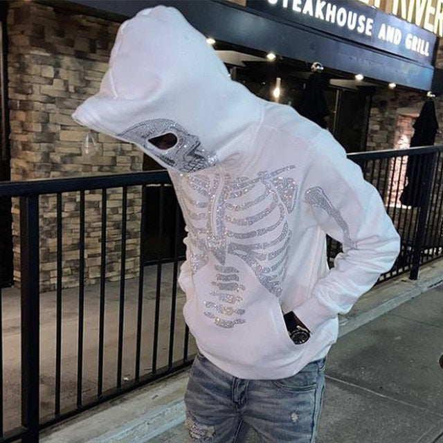 Skeleton Rhinestones Off White Full Zip Hoodie Men Women Tops 2022 New Y2k Long Sleeve Hoodies Sweatshirts Streetwear Oversized