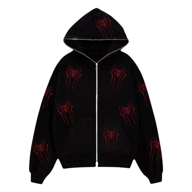 Skeleton Rhinestones Off White Full Zip Hoodie Men Women Tops 2022 New Y2k Long Sleeve Hoodies Sweatshirts Streetwear Oversized