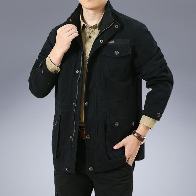 Spring Autumn Men Cargo Jackets Casual 100% Cotton Multi-pocket Stand Collar