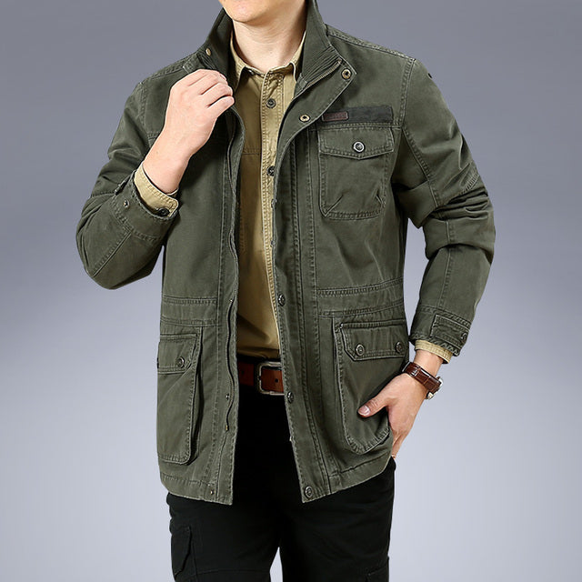 Spring Autumn Men Cargo Jackets Casual 100% Cotton Multi-pocket Stand Collar