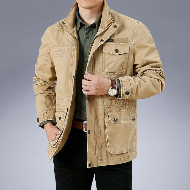 Spring Autumn Men Cargo Jackets Casual 100% Cotton Multi-pocket Stand Collar