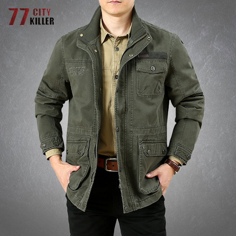 Spring Autumn Men Cargo Jackets Casual 100% Cotton Multi-pocket Stand Collar