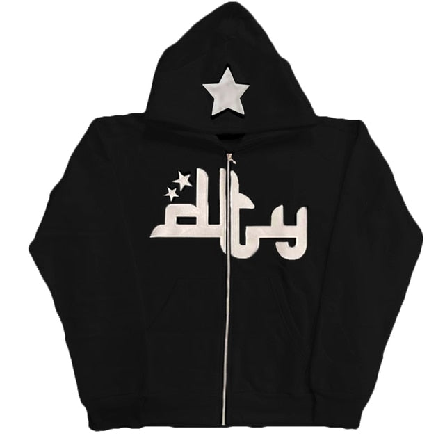 Star Letter Print Hoodie Men Retro Zip Up Long Sleeve