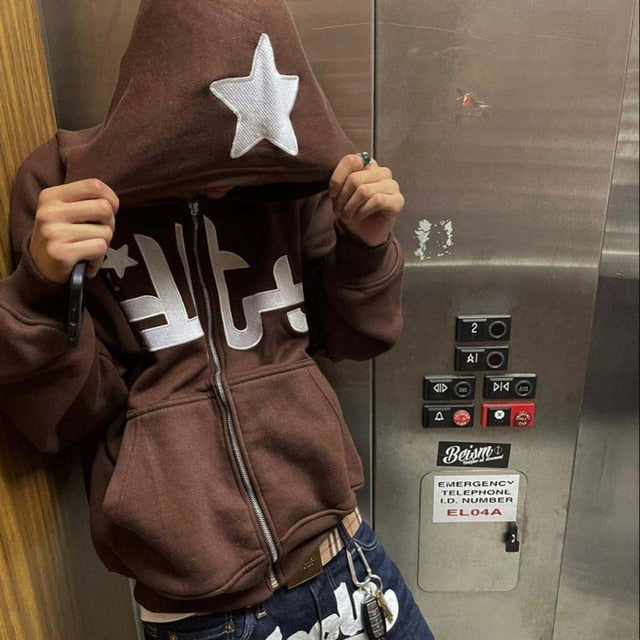 Star Letter Print Hoodie Men Retro Zip Up Long Sleeve Loose