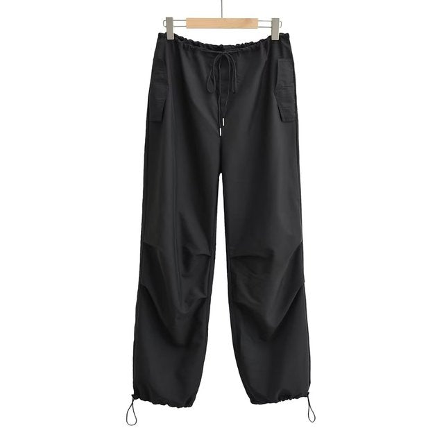 TELLHONEY Women Fashion Drawstring Pleat Baggy Cargo Pants Female High Street Chic Low Waist Wide Leg Jogging Parachute Trousers