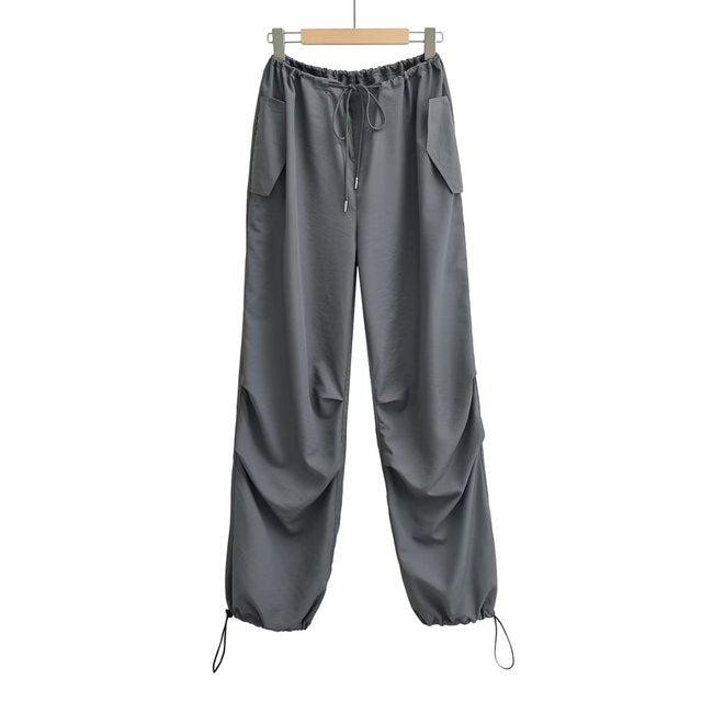 TELLHONEY Women Fashion Drawstring Pleat Baggy Cargo Pants Female High Street Chic Low Waist Wide Leg Jogging Parachute Trousers