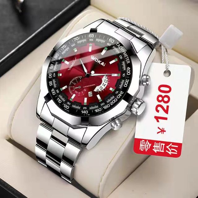 WOKAI high quality casual men's steel band quartz calendar watch multi-function luminous waterproof business sports clock