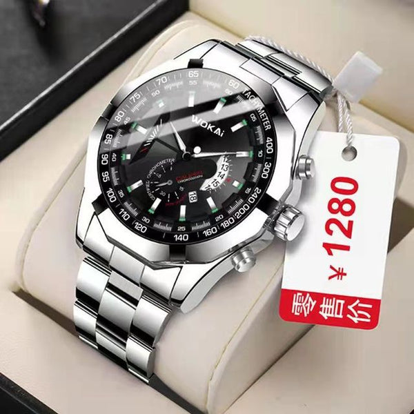 WOKAI high quality casual men's steel band quartz calendar watch multi-function luminous waterproof business sports clock