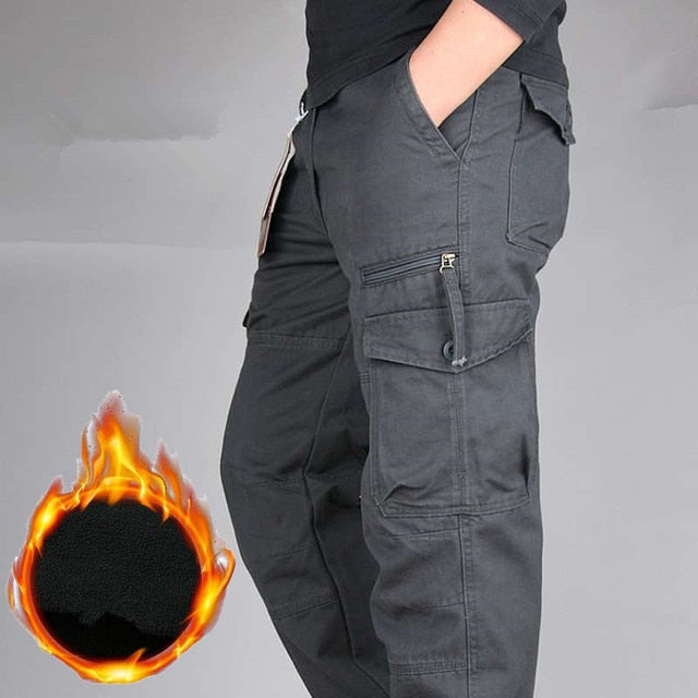 Winter Thick Fleece Casual Pants Men Cotton Military Tactical Baggy Cargo Pants Double Layer Warm Thermal Straight Long Trousers