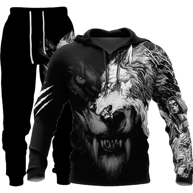 Wolf 3d Printed Hoodie Pants Suit Male Autumn and Winter Casual Sweashirt Pullover Men Tracksuit Set Fashion Men's Clothing Suit