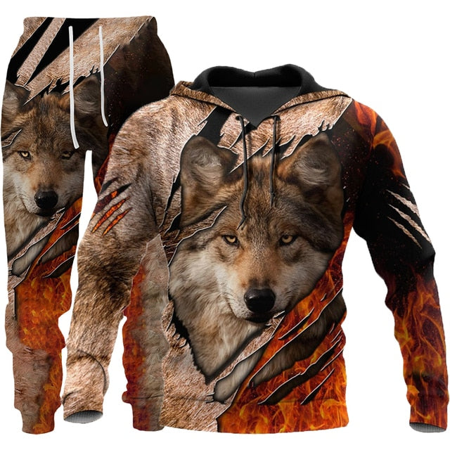 Wolf 3d Printed Hoodie Pants Suit Male Autumn and Winter Casual Sweashirt Pullover Men Tracksuit Set Fashion Men's Clothing Suit