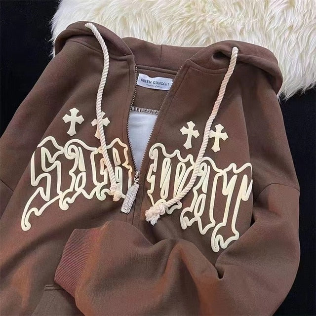 Women Embroidery Hoodies Goth Retro High Street Zip Up Loose Jacket Coats Casual Harajuku Hip Hop Hooded Sweatshirts Y2k Clothes