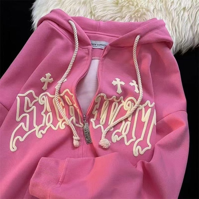 Women Embroidery Hoodies Goth Retro High Street Zip Up Loose Jacket Coats Casual Harajuku Hip Hop Hooded Sweatshirts Y2k Clothes