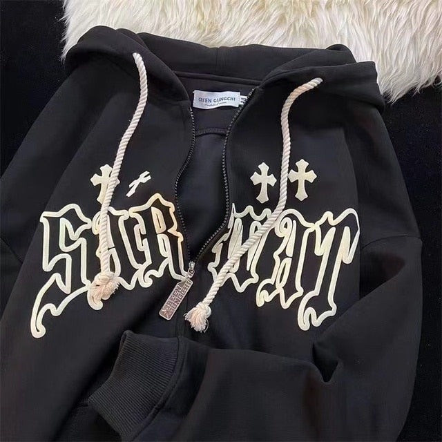 Women Embroidery Hoodies Goth Retro High Street Zip Up Loose Jacket Coats Casual Harajuku Hip Hop Hooded Sweatshirts Y2k Clothes