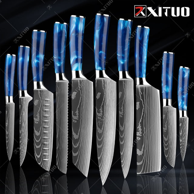 XITUO Kitchen Knife Set Japanese Chef Knives 7CR17 Stainless Steel Damascus Laser Slicing Santoku Cleaver 1-10pc Kitchen Knifes